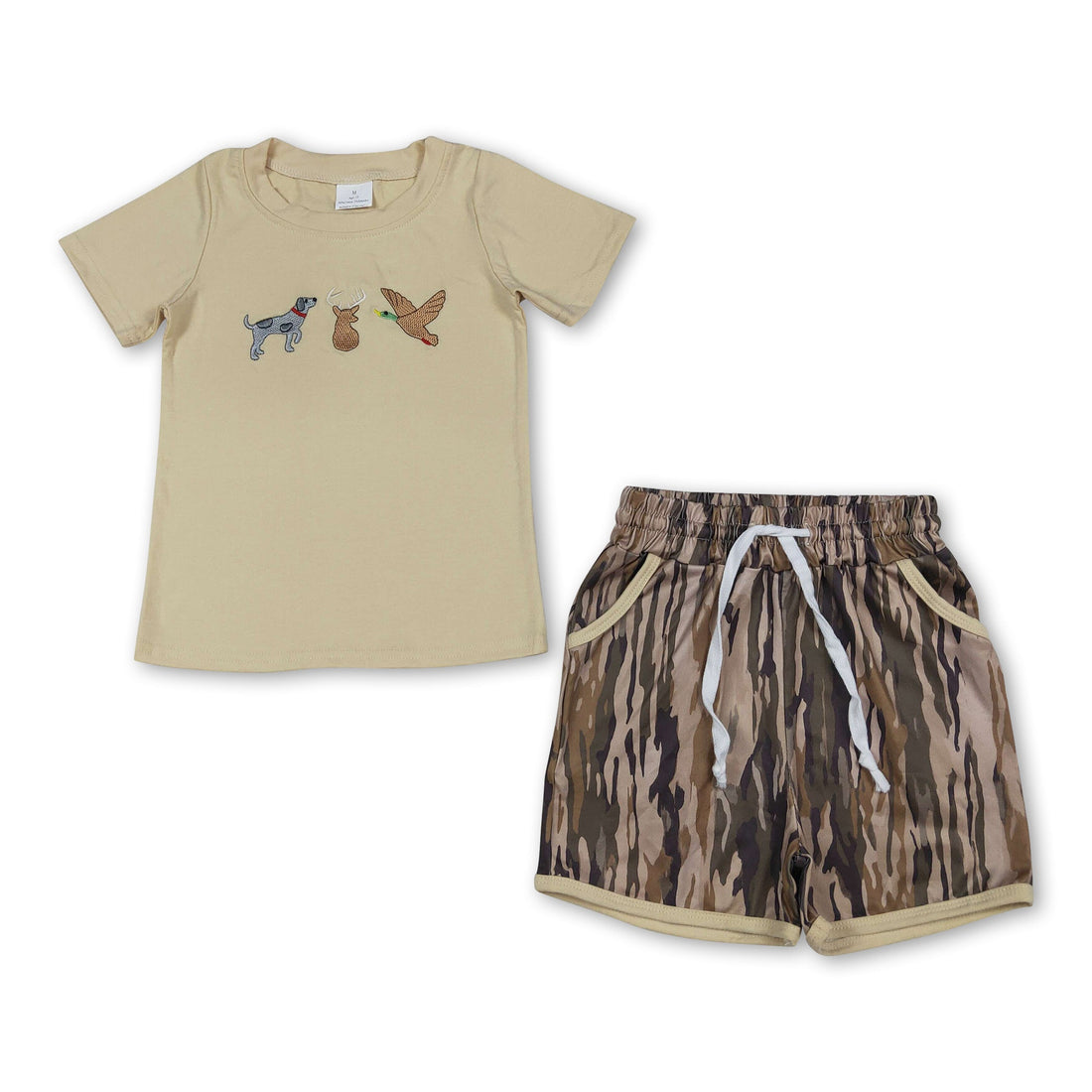 Mini Rodeo boy shorts set with deer, duck embroidery and camo shorts, featuring a short-sleeve top for boys&