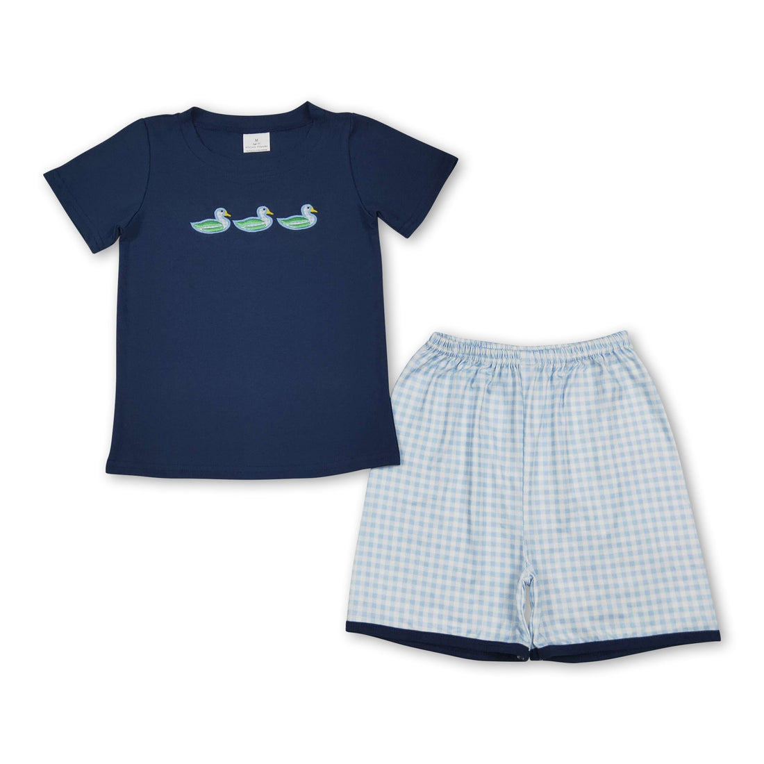 Boy short sleeves top with duck embroidery and plaid shorts set from Mini Rodeo, perfect for boys&