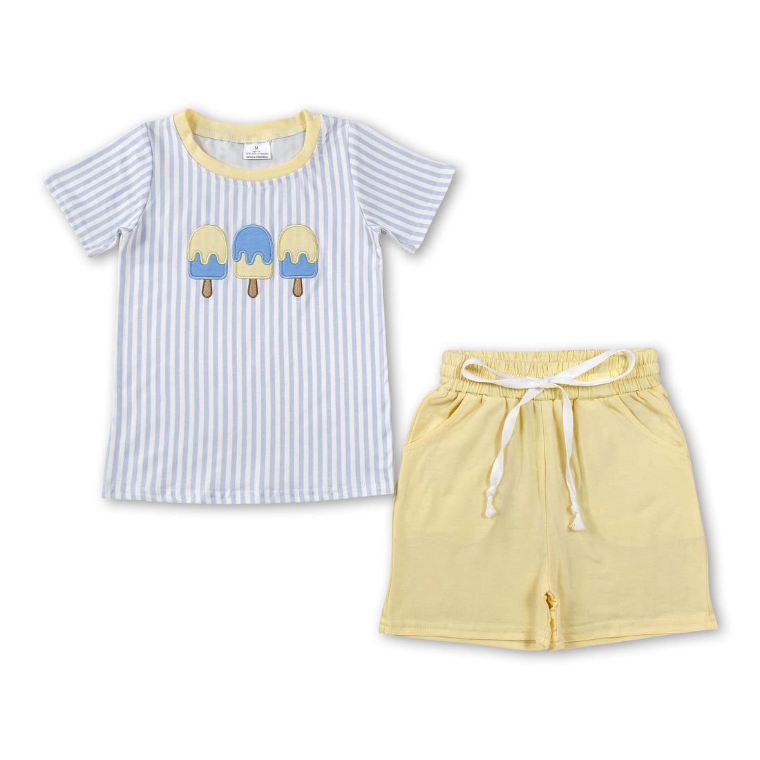 Mini Rodeo boy summer outfit with stripe popsicle embroidery, short-sleeve top and shorts set for boys, casual and stylish.