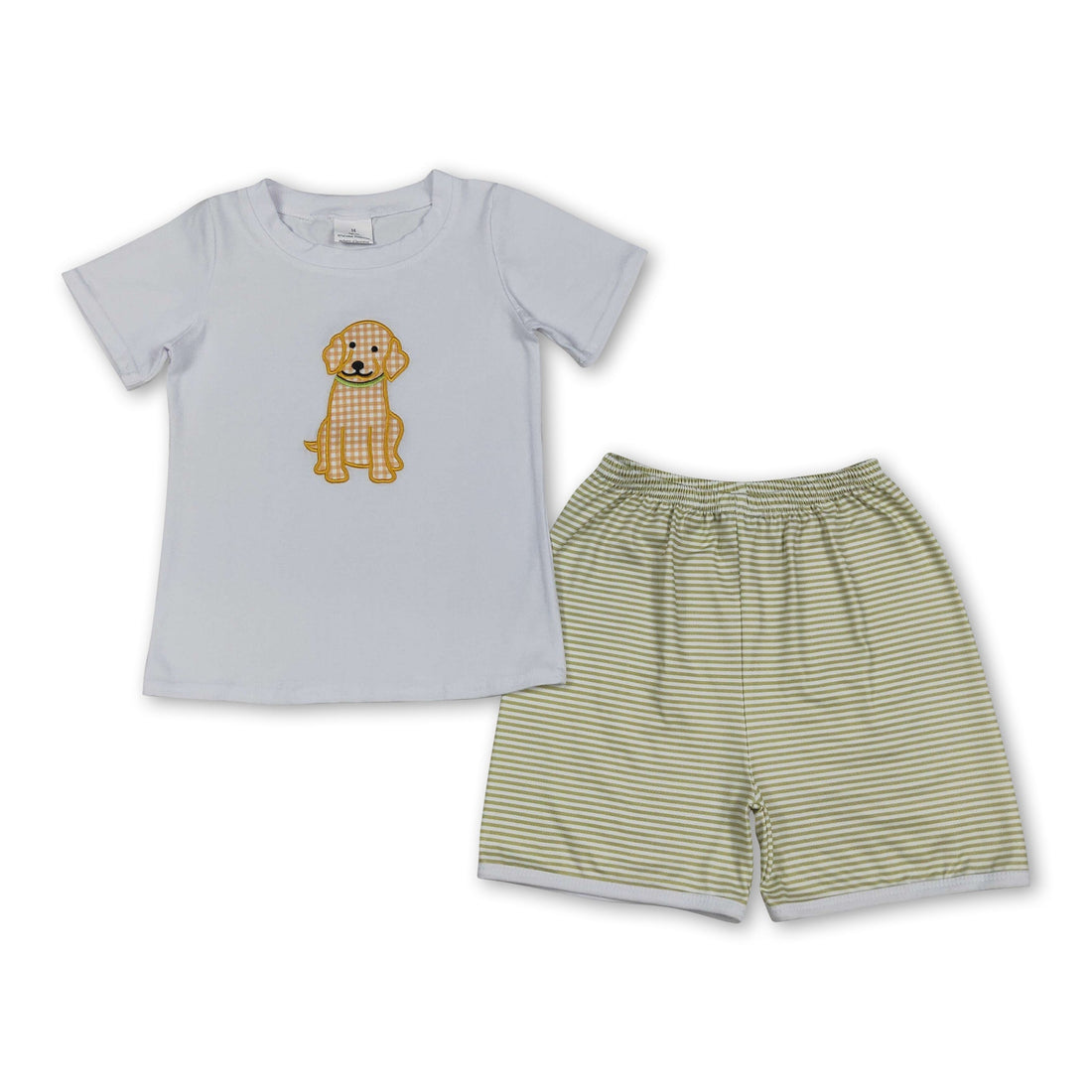 Mini Rodeo boys short sleeves plaid dog embroidery top and shorts set, casual outfit for boys with fun dog design.