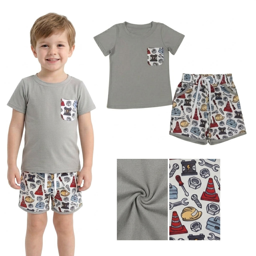 Grey short sleeves pocket top tools shorts boys outfit
