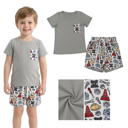 Grey short sleeves pocket top tools shorts boys outfit