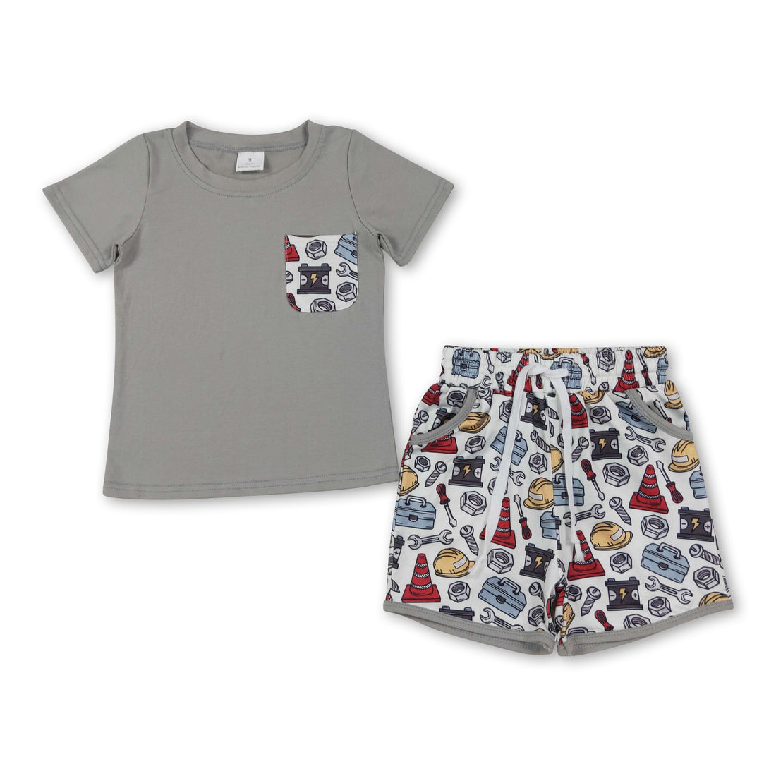 Grey short sleeves pocket top tools shorts boys outfit