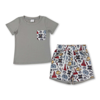 Grey short sleeves pocket top tools shorts boys outfit