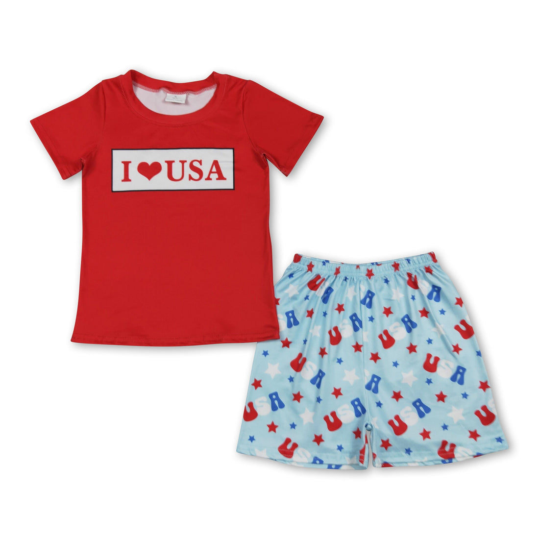 Boy short sleeves top and shorts set by Mini Rodeo featuring patriotic "I Love USA" design, perfect for 4th of July celebrations.