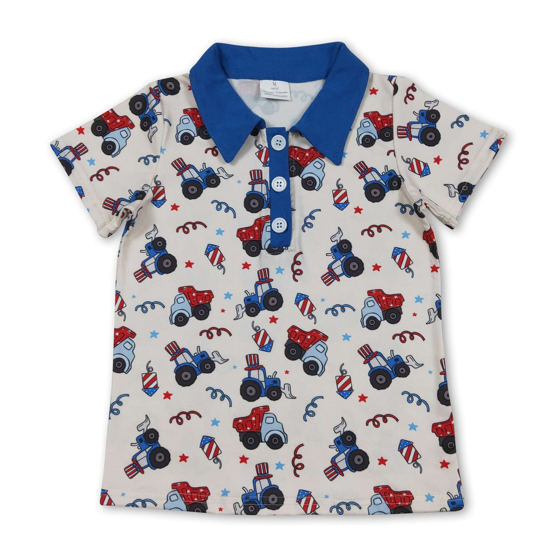 Blue short-sleeve tractor polo shirt for boys by Mini Rodeo, 4th of July themed kids&