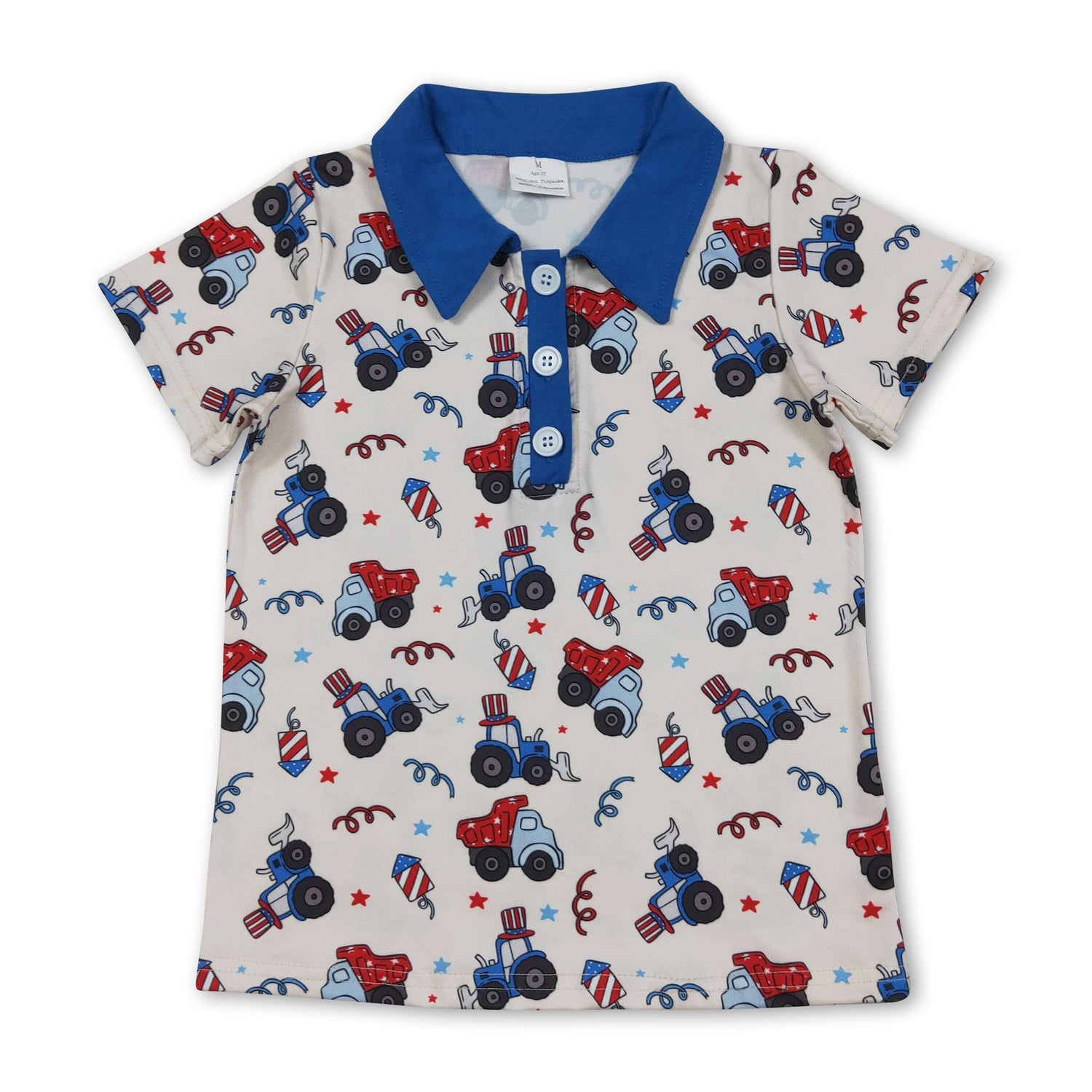 Blue short sleeves tractor kids boys 4th of july polo shirt