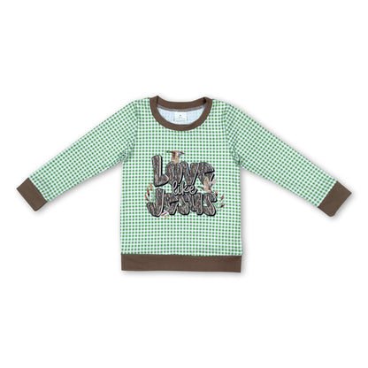 Green plaid long sleeves love like jesus duck boys shirt