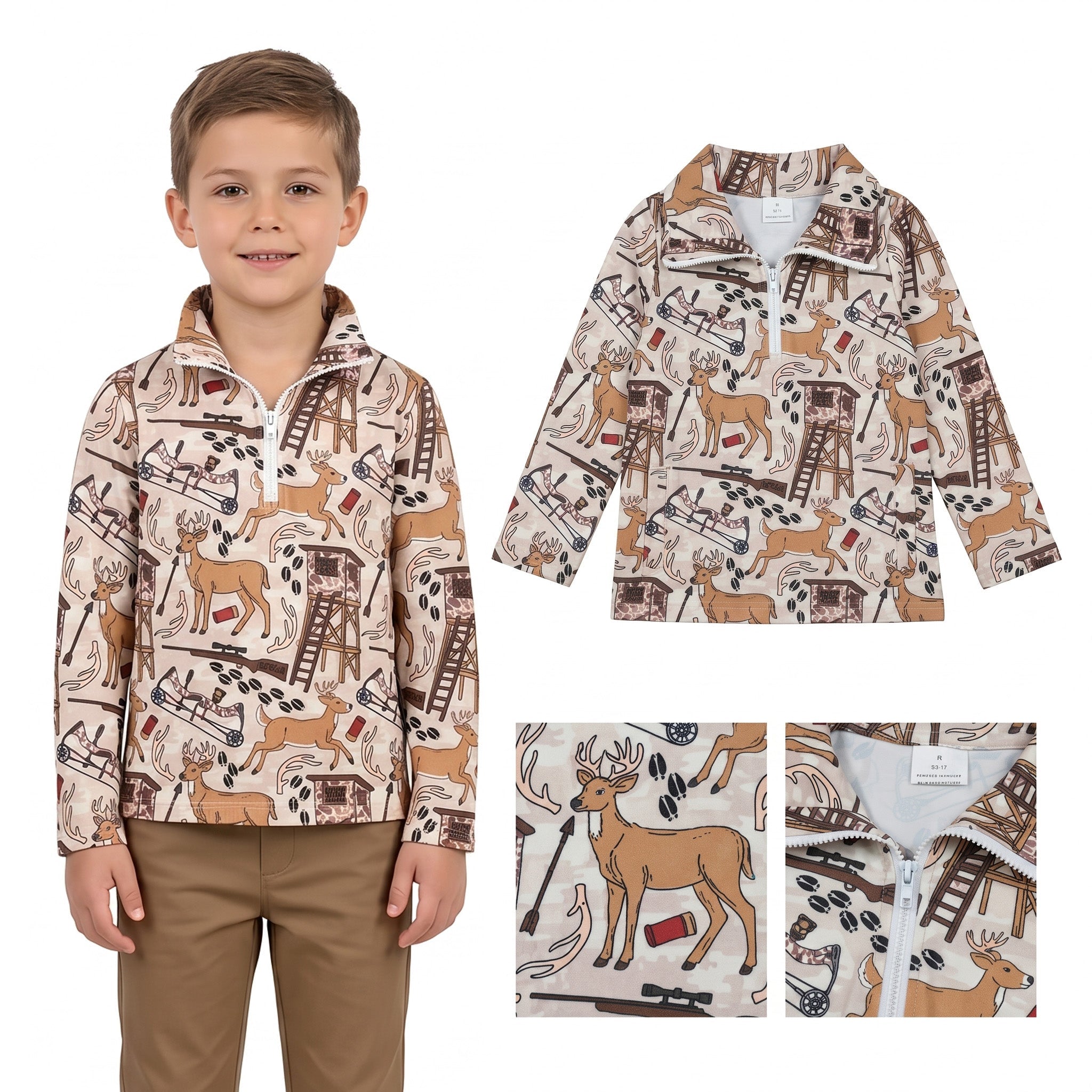 Long sleeves deer kids boys zipper pullover