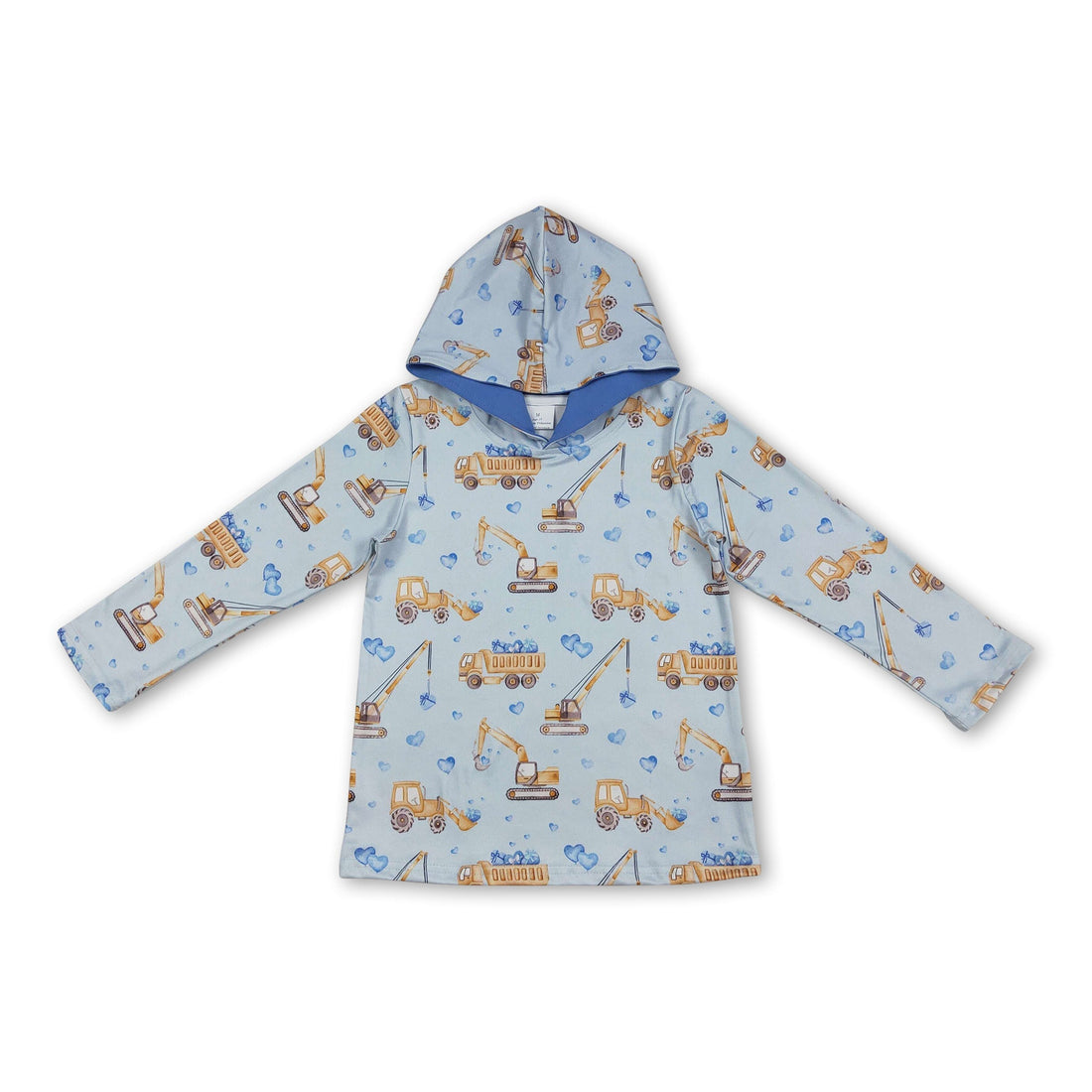 Blue long sleeve hoodie for boys with heart construction design by Mini Rodeo, perfect for Valentine&