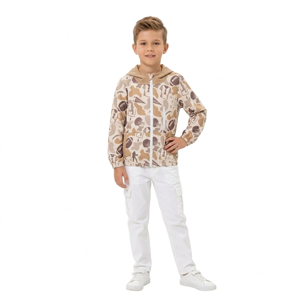Long sleeves camo football pocket kids boys hooded jacket