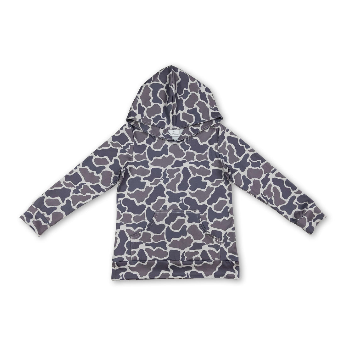 Dark grey camo hoodie for boys with long sleeves and front pocket, featuring a Mini Rodeo logo design.
