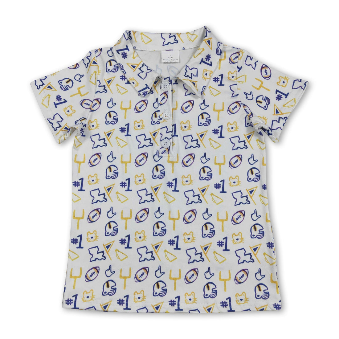 Mini Rodeo boys short sleeve yellow football team polo shirt, kids boys top with collar and team logo, casual athletic style.