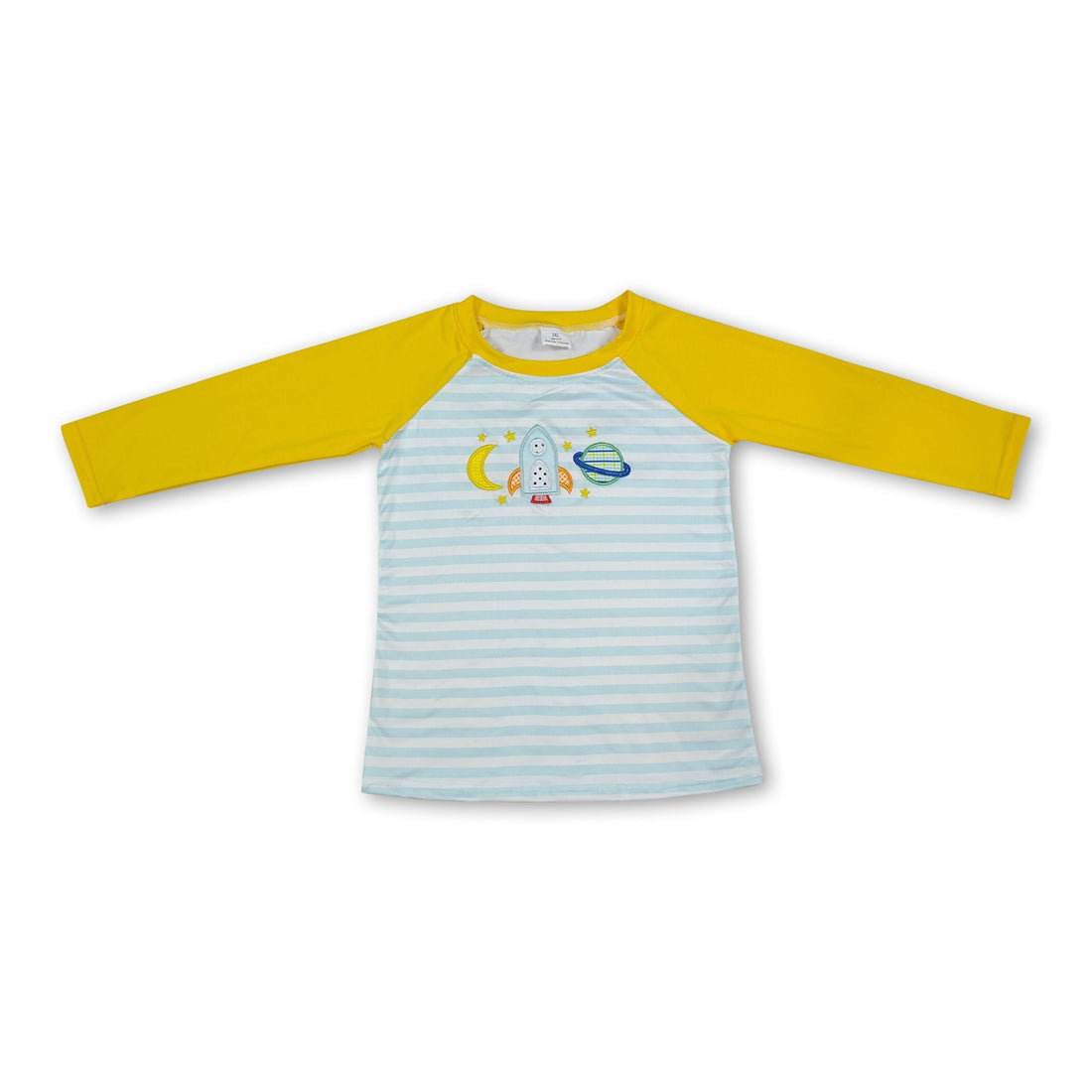Mini Rodeo boys long sleeves shirt with stripe moon and rocket embroidery, featuring a fun space-themed design.