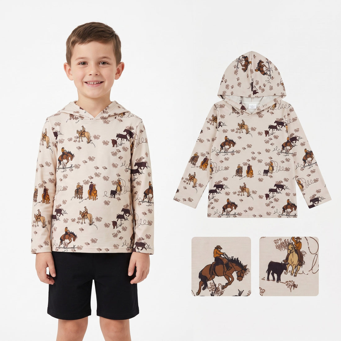 Mini Rodeo boys long sleeves hoodie featuring a western horse rodeo design, perfect for kids&