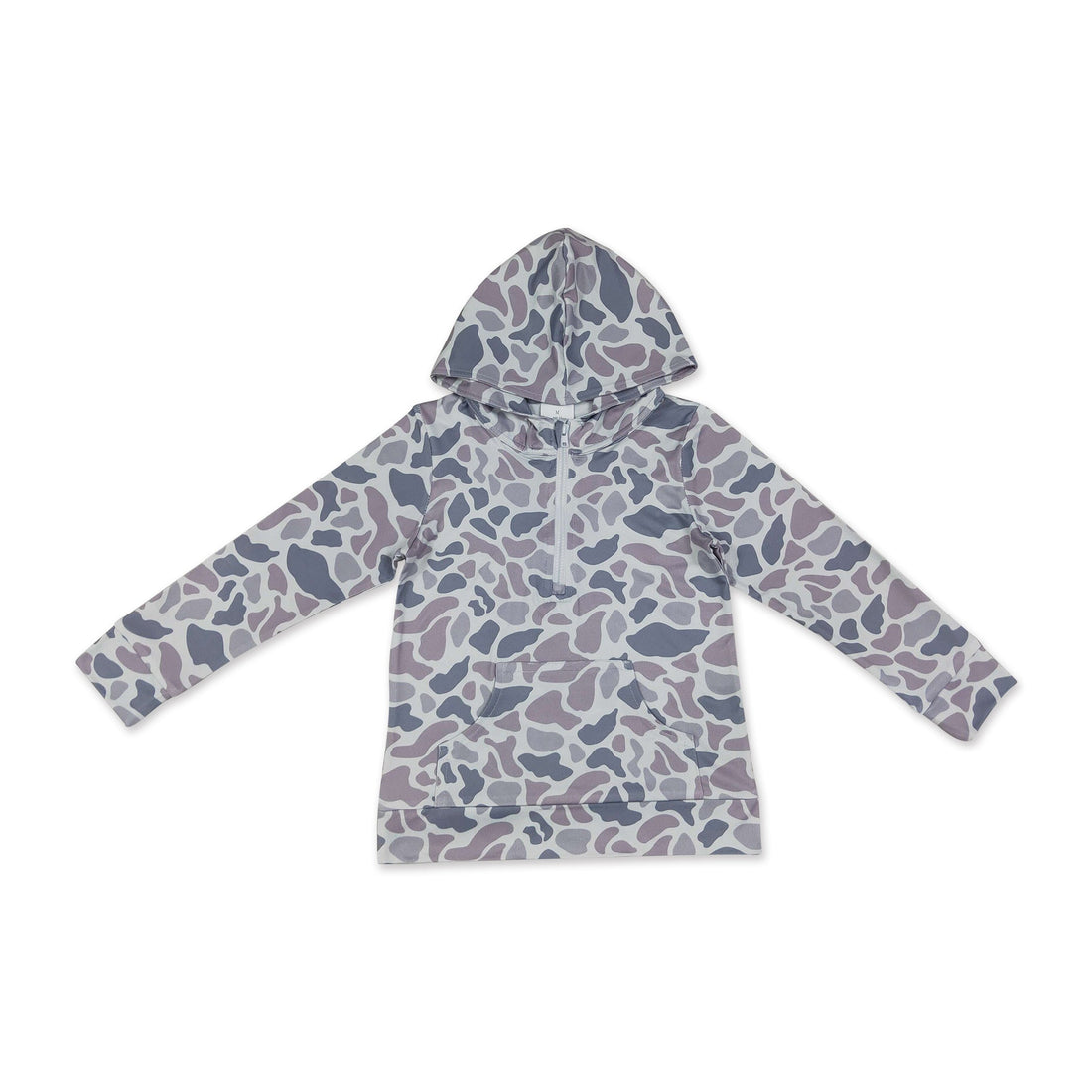 Grey camo long sleeve hoodie for boys with a front pocket and zipper, by Mini Rodeo, perfect for fall kids&
