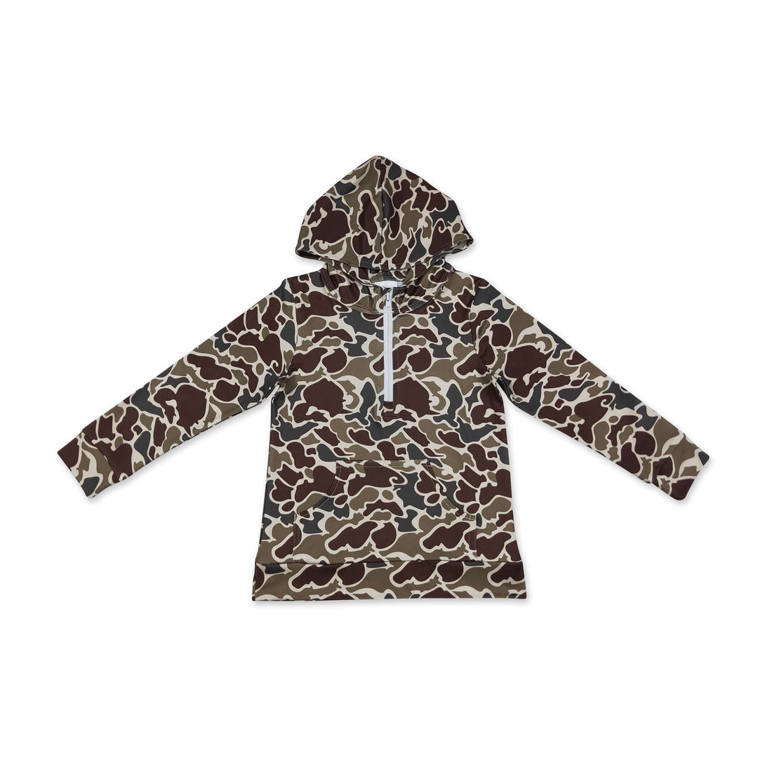 Dark brown camo zip hoodie for boys with long sleeves and pocket, made by Mini Rodeo, perfect for fall season.