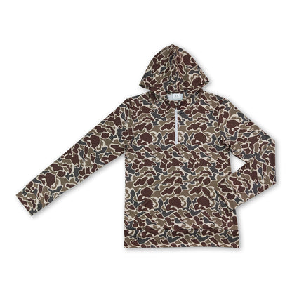 Long sleeves dark brown camo men pocket zipper hoodie