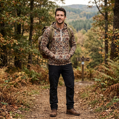 Long sleeves dark brown camo men pocket zipper hoodie