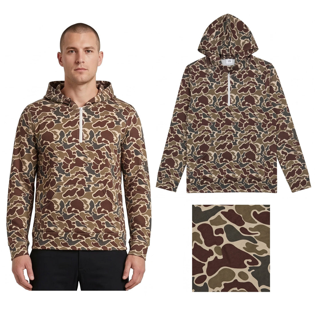 Long sleeves dark brown camo men pocket zipper hoodie