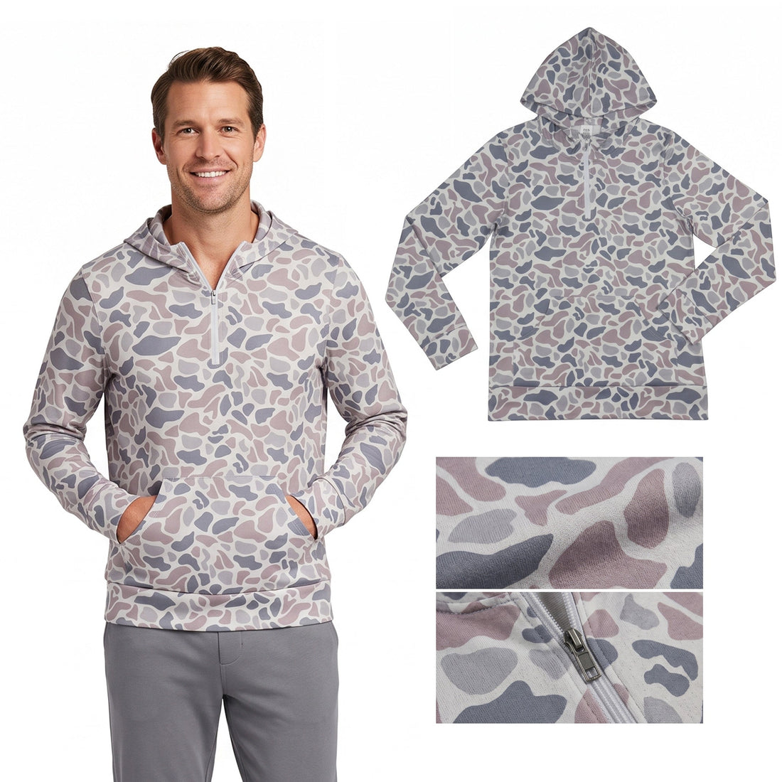 Long sleeves grey camo men pocket zipper hoodie