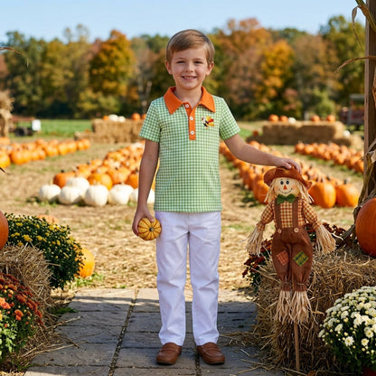 Plaid turkey embroidery boy Thanksgiving polo shirt