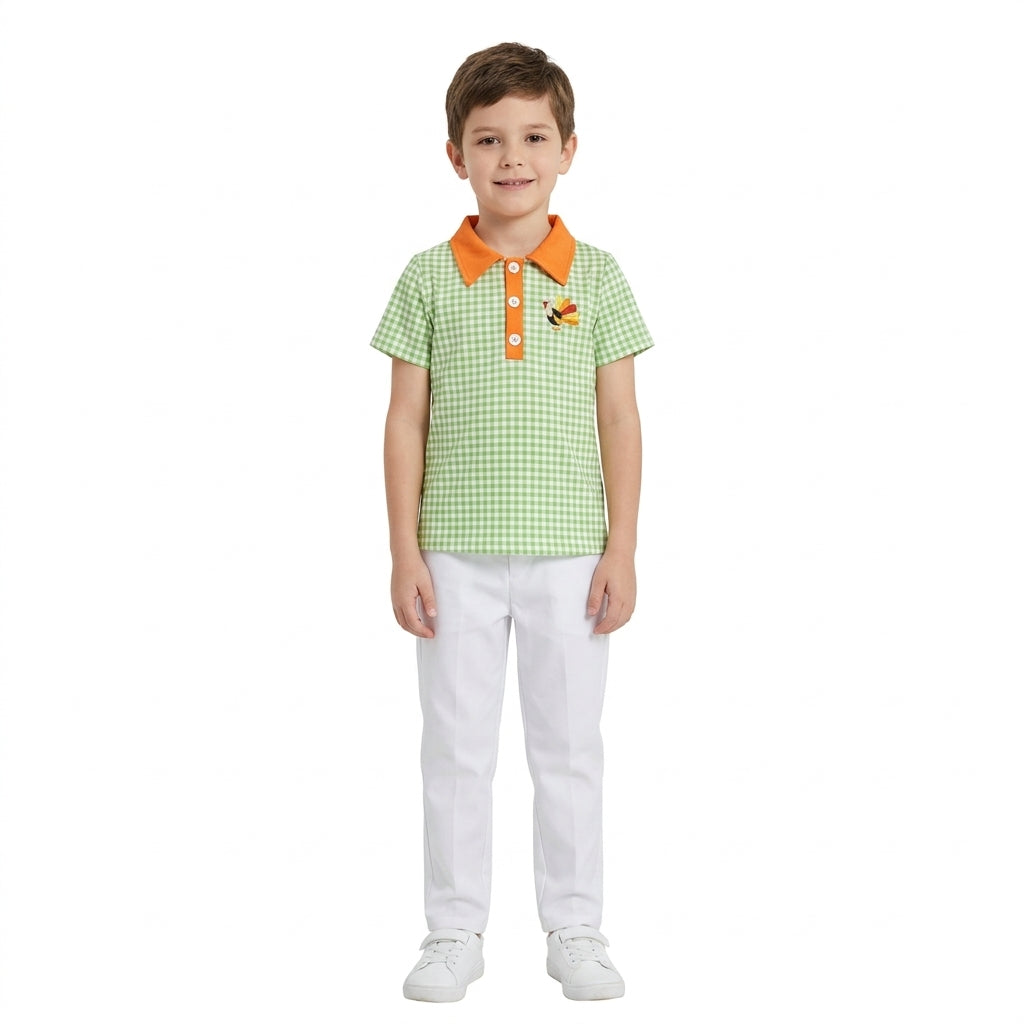Plaid turkey embroidery boy Thanksgiving polo shirt