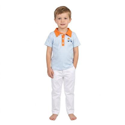 Plaid pumpkin embroidery boy fall polo shirt