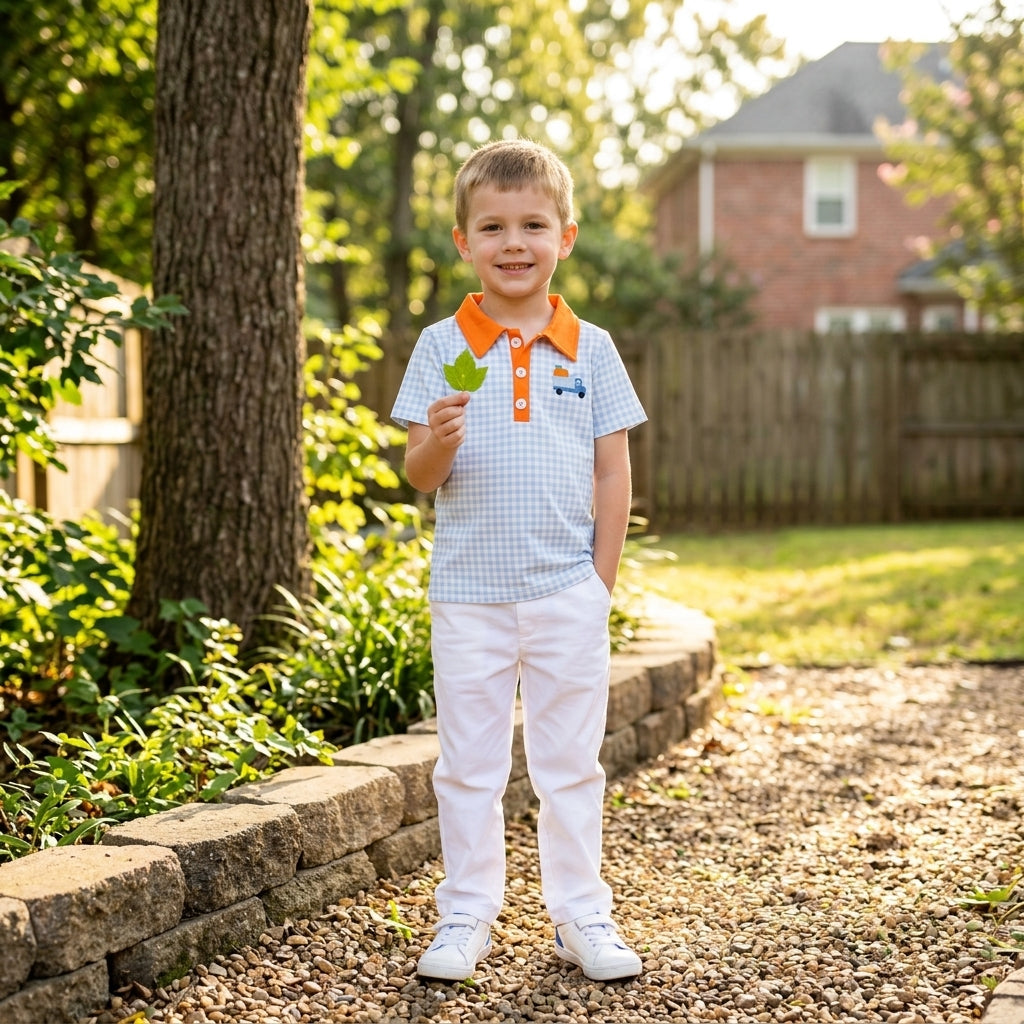 Plaid pumpkin embroidery boy fall polo shirt
