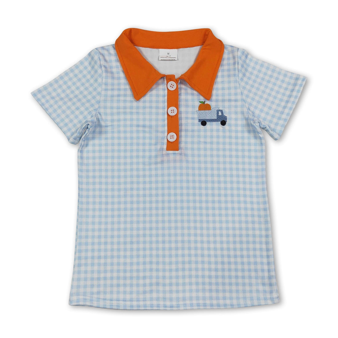 Plaid pumpkin embroidery boy fall polo shirt