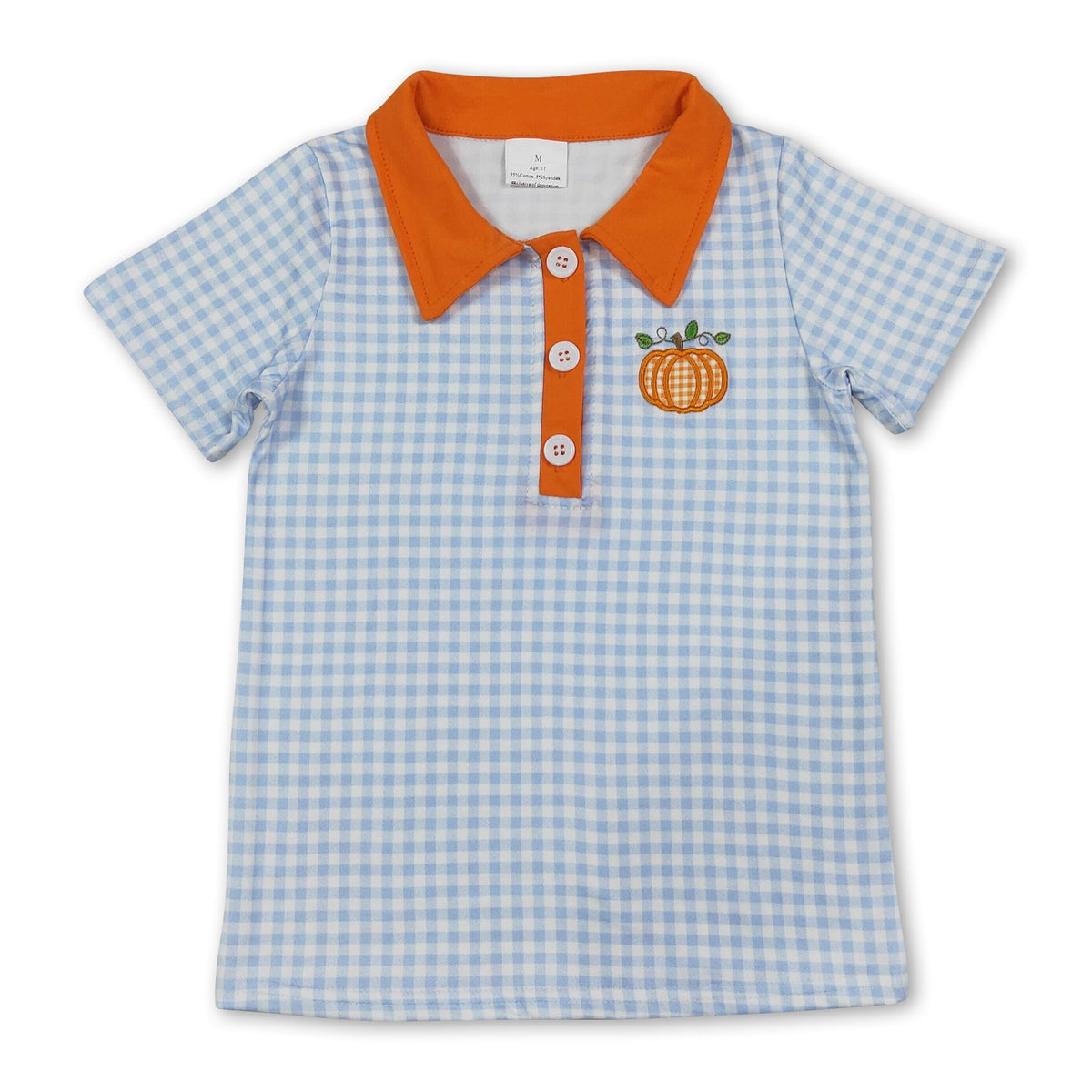 Plaid orange pumpkin embroidery boy fall polo shirt