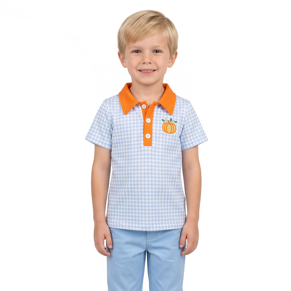Plaid orange pumpkin embroidery boy fall polo shirt