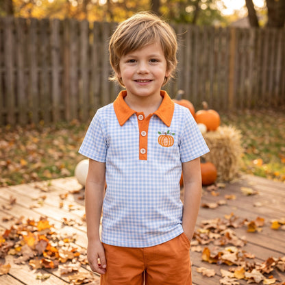 Plaid orange pumpkin embroidery boy fall polo shirt