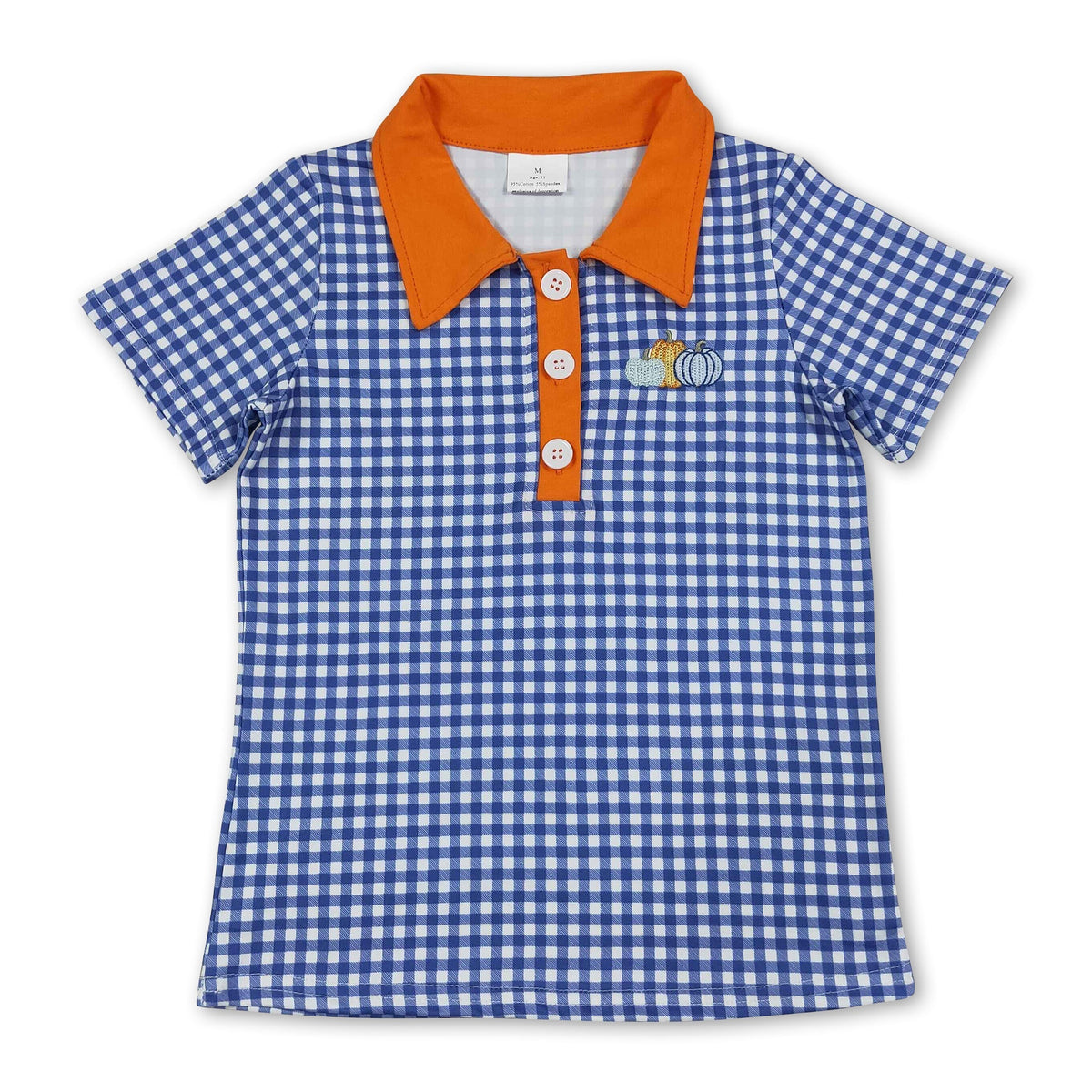 Blue plaid orange pumpkin embroidery boy fall polo shirt