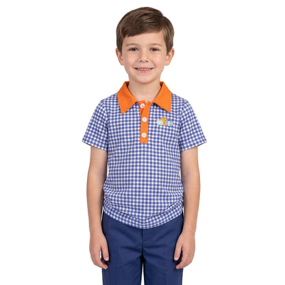 Blue plaid orange pumpkin embroidery boy fall polo shirt