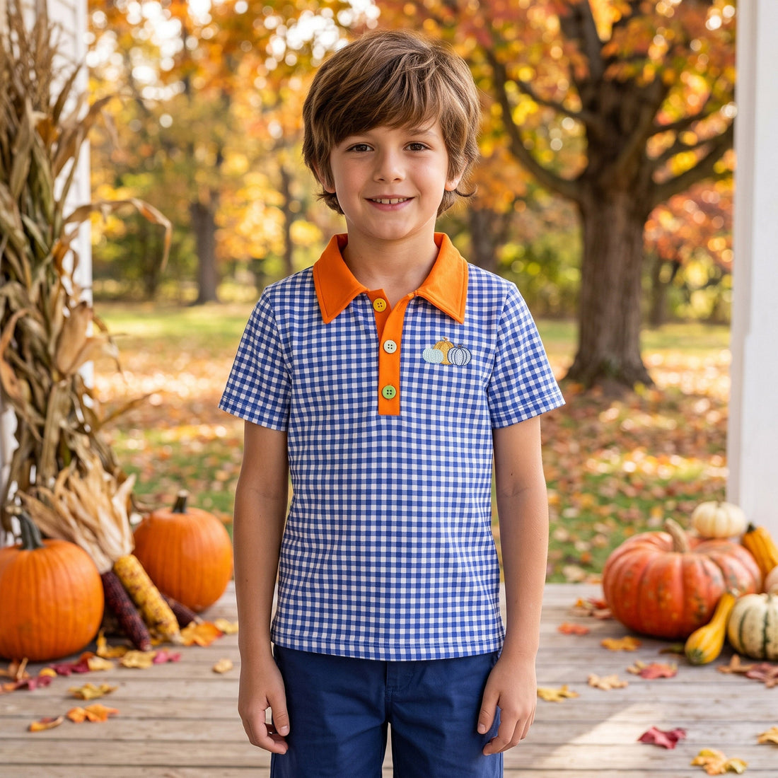 Blue plaid orange pumpkin embroidery boy fall polo shirt