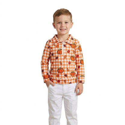 Plaid pumpkin leaves kids boys zipper fall pullover