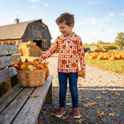 Plaid pumpkin leaves kids boys zipper fall pullover