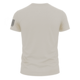 Back view of Bow Crew Apparel Bourbon & Backstraps tan T-shirt featuring a printed design related to bow hunting.