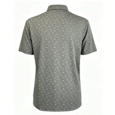 Back view of Bows & Bucks golf polo T-shirt by Bow Crew Apparel, featuring a bow hunting-themed design on a casual men&