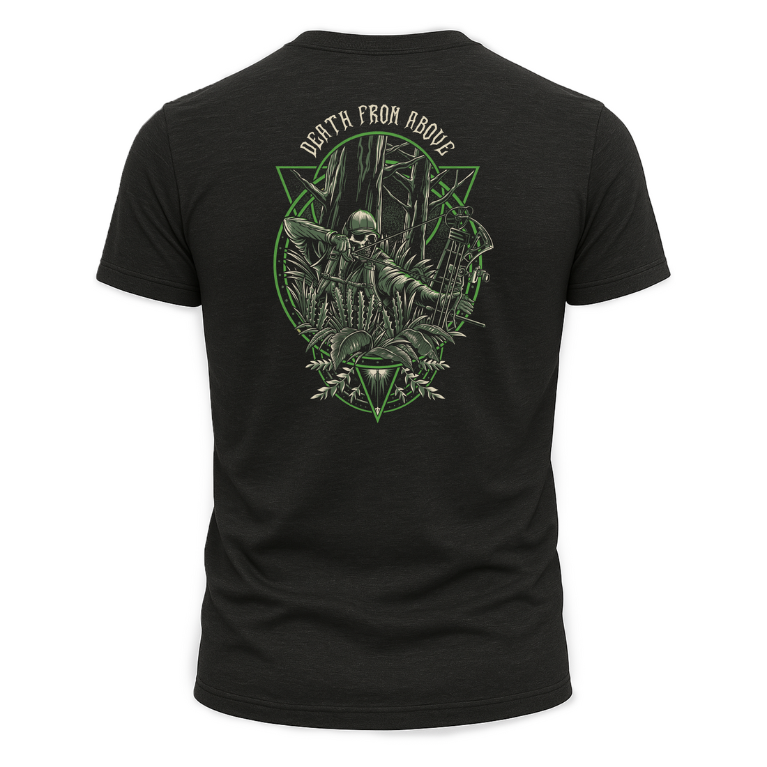 Back view of Bow Crew Apparel "Death From Above" T-shirt featuring a bold graphic design for bow hunting enthusiasts.