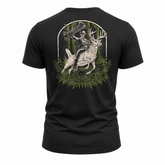 Back view of Buck Wrangler T-Shirt by Bow Crew Apparel featuring a buck graphic on the back, casual hunting lifestyle tee.