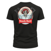Back view of Bow Crew Apparel Snack Hard Hunting Team T-shirt featuring bold graphic design for hunting enthusiasts.