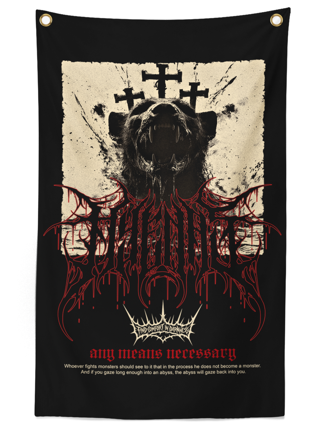Abyss banner featuring dark, intricate design with bold text, displayed on a fabric banner by Any Means Necessary Clothing.