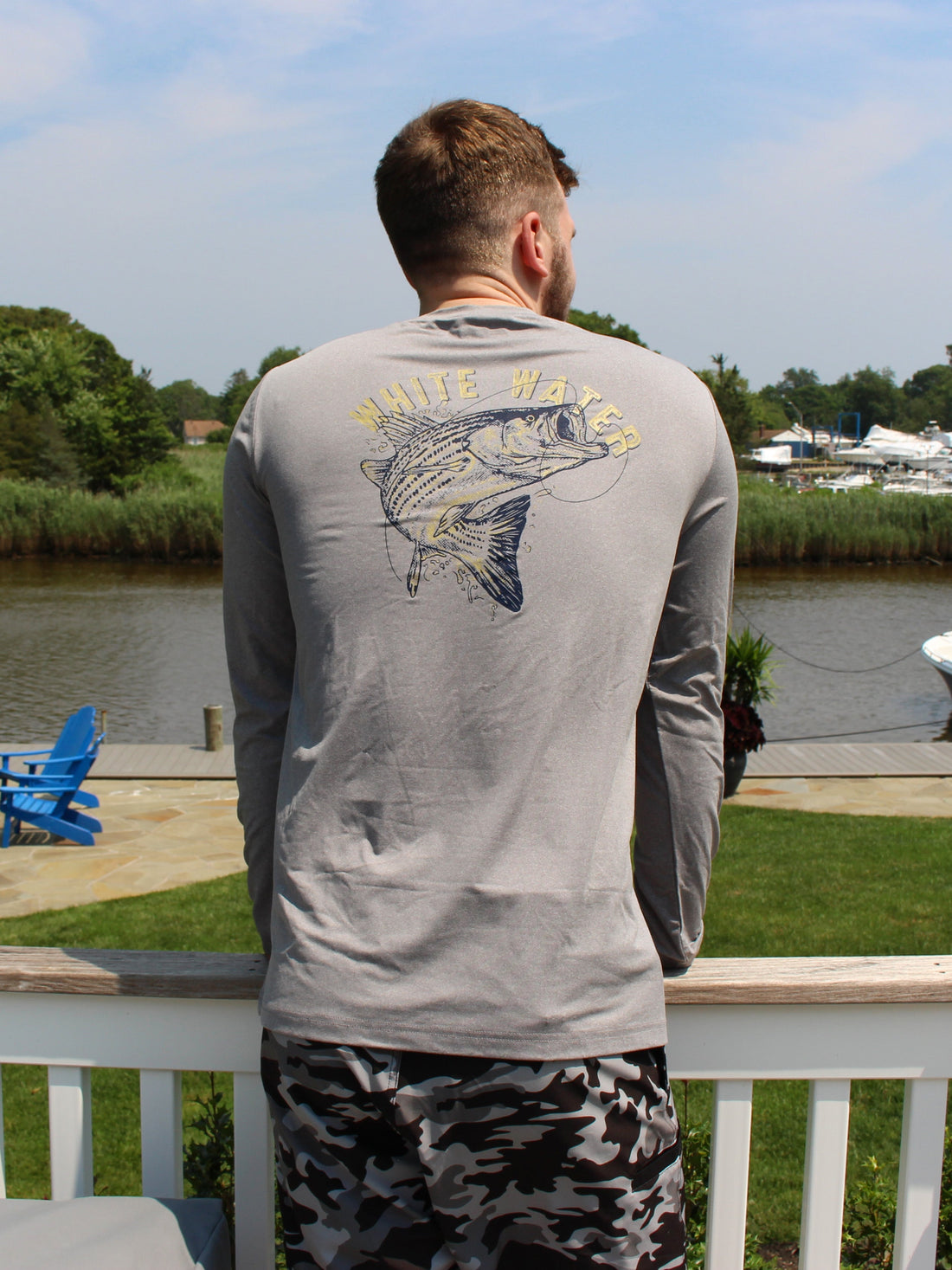 Gray long-sleeve Bass Graphic Performance Tee by White Water Life featuring a bass fish graphic design.