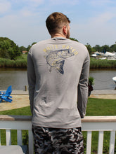 Gray long-sleeve Bass Graphic Performance Tee by White Water Life featuring a bass fish graphic design.