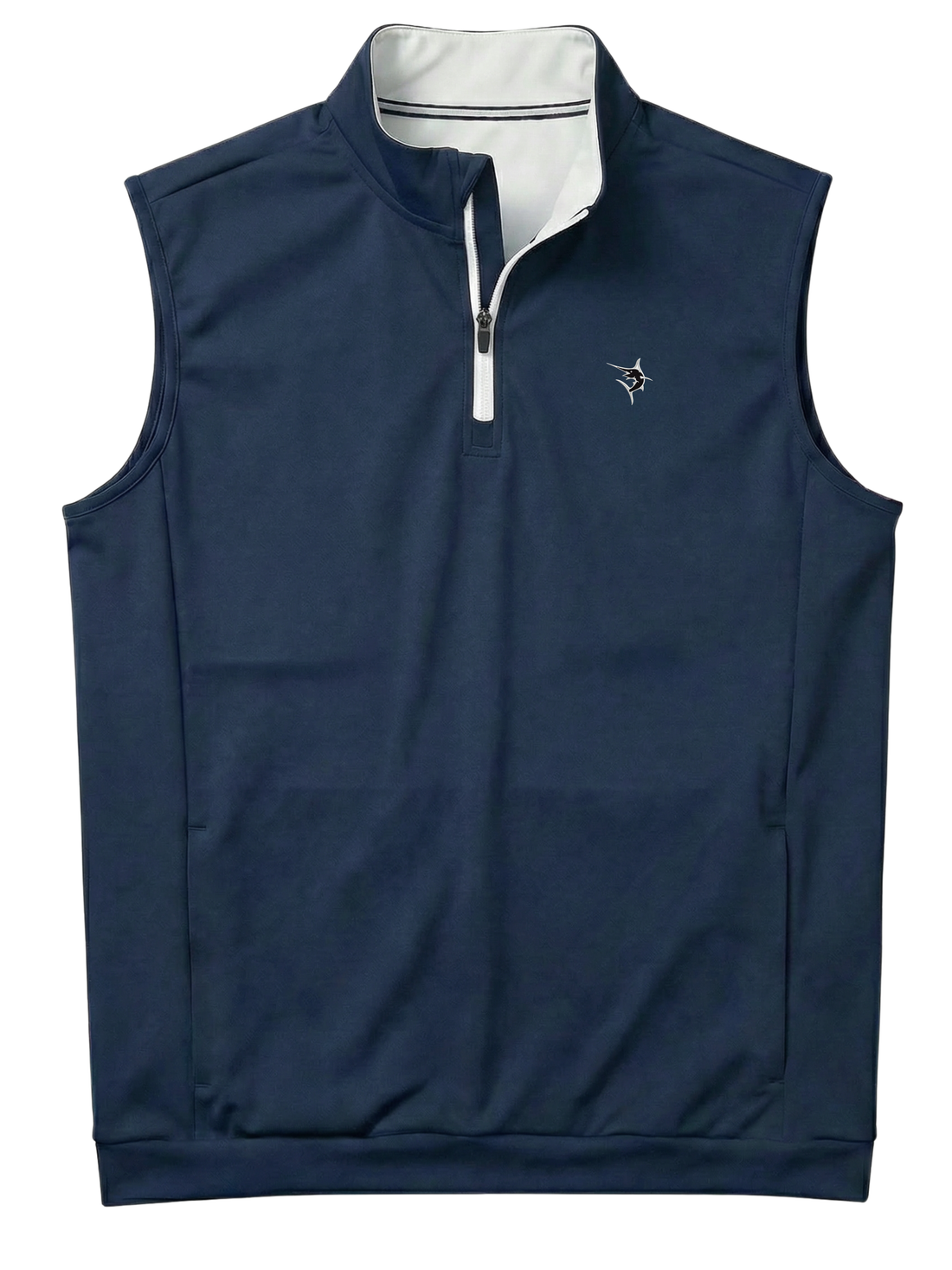 Navy Bayside Quarter Zip Vest by White Water Life, featuring a high collar, quarter zipper, and lightweight design for outdoor wear.
