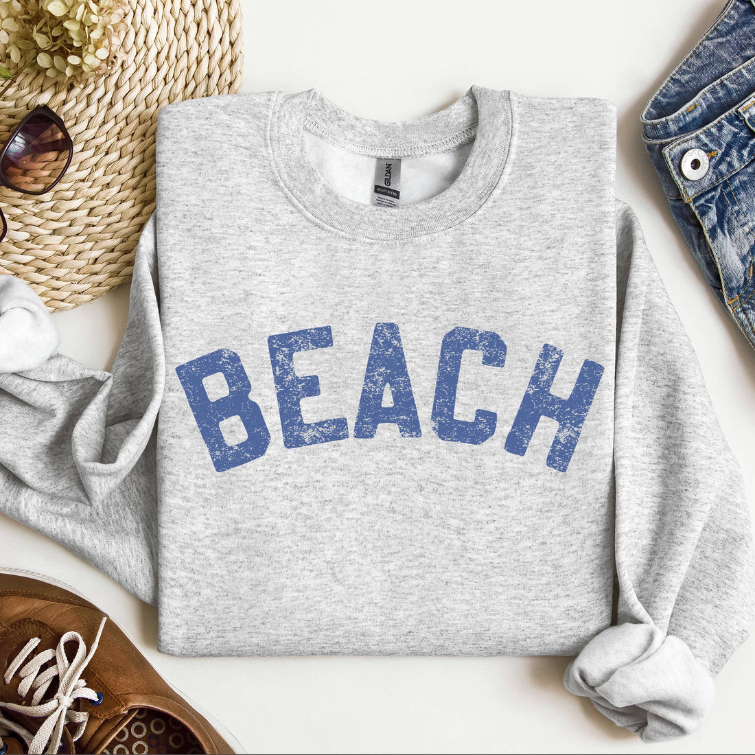 Pink Beach Bum crewneck sweatshirt by Fitkitty Culture, casual clothing with a relaxed fit and soft fabric.