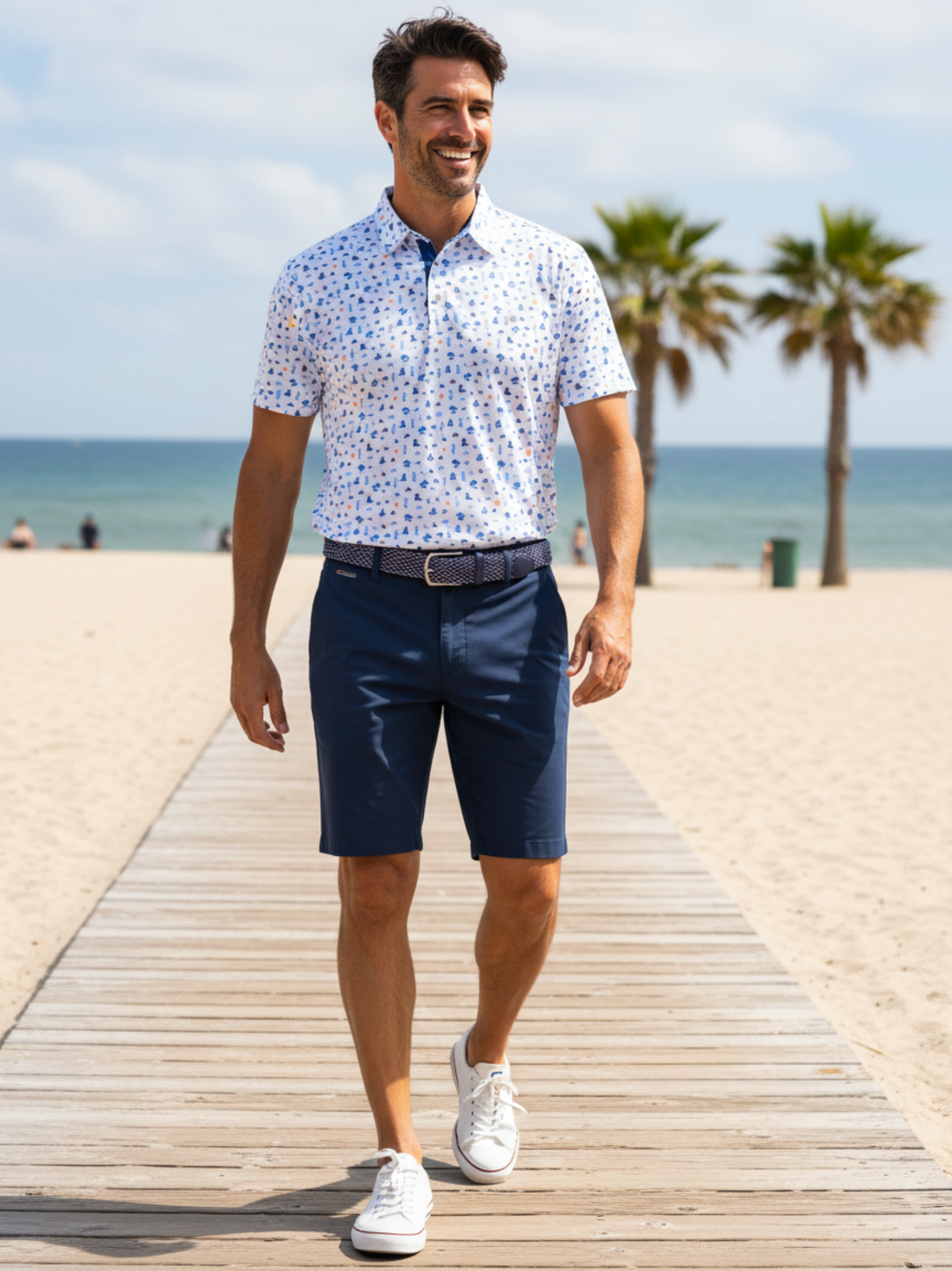 Navy Beachside Performance Polo by White Water Life, featuring a casual fit and breathable fabric, displayed on a hanger.