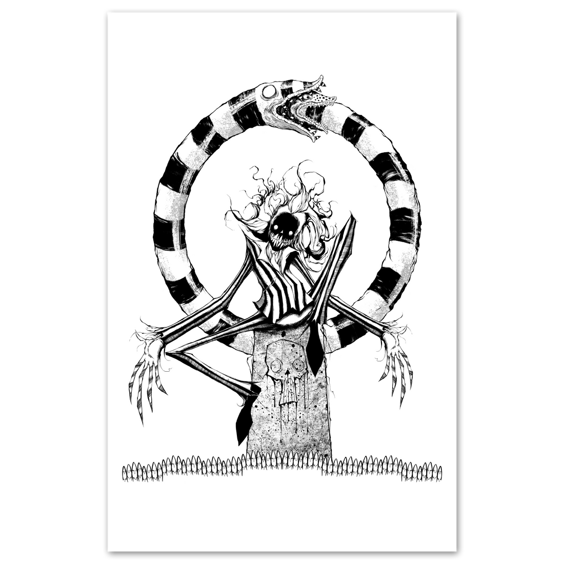 Beetlejuice poster featuring vibrant artwork from Any Means Necessary Clothing, showcasing the iconic character in bold colors.